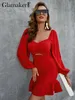 Glamaker Elegant Lantern Sleeve Square Collar Red Dress Women mode Cut Out Ruffled Slim Summer Backless Mini 220602