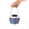 Elegant Portable Coffee Cup Holder Reusable Drinkware Gift White Pearl Decorative Handle PU Leather Cup Sleeve