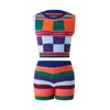 Women's Tracksuits Xingqing Knitted Outfit For Women Y2k Aesthetic Plaid Color Block Sleeveless Crop Top And Shorts Summer Two Piece Crochet