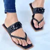 Women Clip Toe Flat Bottom Slippers Metal Chain Slides Beach Sandals Solid Color Flip Fliops