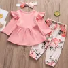 3pcs Autumn Baby Girl Roupos Set Tops Rosa Palnta Floral Ponta de cabeça Cute Cute