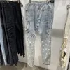 Real Pics Blue Multicolor Paint Splatter Flared Jeans Men Patchwork Trousers Eight-Pocket Styling