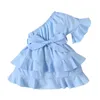 女の子のドレス幼児の子供たちの女の子夏のカジュアルワンショルダーソリッドベルトボウノットレイヤードドレスサンドレス服ドロップ