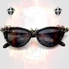 Óculos de sol feminino gótico caveira halloween natal preto olho de gato strass lindo punk redondo vintage óculos de sol