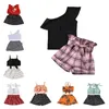 ファッション幼児の赤ちゃんの女の子の服の子供たちの夏1つの肩のフリルTシャツTOPS格子縞のプリント弓ショートパンツ衣装セット2 7y 220705