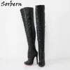 Sorbern Retro punta redonda medio muslo botas altas mujeres tacón alto Stilettos botón personalizado bota larga cremallera trasera muslos gruesos personalizados