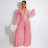 Work Dresses Casual Women Two Piece Tracksuits Long Flare Sleeve Deep V Neck Crop Top And Wide Leg Pants Fashion Club Matching Outfit SetsWo