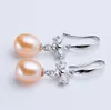 925 Silver Zircons Bow Ear Hook Dangle Chandelier Natural Freshwater Pearl Earrings White Purple Pink Lady/Girl Fashion Jewelry