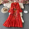 Vintage Chic Donna Ricamo Floreale Spiaggia Bohemian Mini Abito Donna Manica Corta Scollo a V in Cotone e Lino Abiti Boho Vestido 220531