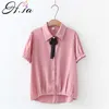 Hsa camisa casual de manga corta pajarita blusa rosa mujer verano patchwork mariposa manga tops casual señoras blou 210716