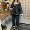 Alien Kitty Chic Plaid Nachtkleding Patchwork Kant Geometrische Lange Mouwen Home Kleding Losse Casual Dames Zoete Pyjama