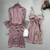 Women's Sleepwear Sexy Peacock Blue Underwear Pajamas Satin Lace Dressing Gown Sleeping Robe For Women SetWomen's