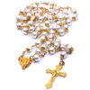 Golden Pearl Rosary Beads Necklace Jewelry Cross Catholic Religious Supplies