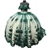 3D bloemen Appliques Dark Green Quinceanera jurken luxe bloemen baljurk prom feest zoet 16 jurken voor junior off -schouderprinses Vestido de 15 anos