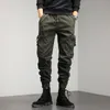 Khaki Cargo Pants Men Drawstring Ankle Length 9 Part Trousers Streetwear Fashion Cotton Casual Work Military 220622