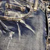 Męskie dżinsy zgrane dla mężczyzn skórzany list patchwork marki rajstopy spodnie motocyklowe Homme marque de luxe otwór niebieski