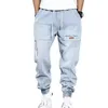 Mäns Jeans 2022 Streetwear Hip Hop Cargo Byxor Män Solid Färg Rippad Elastisk Midja Casual Studentbyxor för Dagligt Slitage