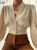 V Nek afdrukken Women S bijgesneden blouse geplooide lantaarn lange mouw knop vrouwelijk shirt lente zomerbasisstraat shirts top 220810