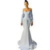 Elegant Baby Blue Aso Ebi Mermaid Evening Dresses Dubai Arabic Simple Sexy Off Shoulder Long Sleeve Formal Party Dress Satin Prom Gowns Special Occasion Wear