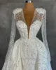 Charming Sequins Mermaid Wedding Dresses Saudi Arabic Deep V Neck Long Sleeve Bridal Gowns Robe De 0505