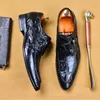 Mode hommes boucle de ceinture chaussures habillées Alligator imprimer véritable cuir de vache à la main mariage bureau formel affaires chaussure pour hommes Da45