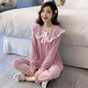 Pyjama sätter kvinnor solid spets söt söt nattkläder långa ärmar vårens höst mjuk bekväm mode koreansk stil prinsessa natt l220803