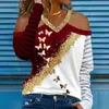 Dames mode losse t -shirt lange mouw uit schouder v nek tops vlinder gedrukt casual herfst shirts 220728