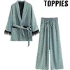 Nouvelle Arrivée Bleu Imprimé Kimono Veste Avec Manches En Plumes Jambe Large Lâche Cuasal Pantalon Femmes Vintage Vêtements Costumes T200114