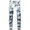 TIE DYE JEANS MEN SLIM تناسب ثقب عالي الجودة راكب الدراجة النارية سروال السراويل Motocycle للرجال الهيب هوب للذكور كبيرة الحجم 28-42