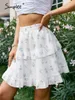 Holiday Ruffle Dot Print White Mini kjol Summer Women Floral Boho Aline kjolar Elastic midja Casual Bottom Female 220523