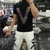 Men's T Shirts Men's Bodybuilding T-Shirt Quality Mercerized Cotton V-Shaped Pattern Rhinestone Shining Original Short Sleeves Summer