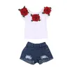 Été enfants vêtements filles 3D fleur imprimer sans manches à volants col rond pull t-shirts Denim trou pantalon bébé 2 pc ensemble 220620