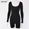 Sibybo preto manga longa mancha de penhor feminino Spring oneck sem costas