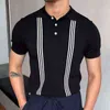 Vintage Polo Shirt Men Stripe Print Patchwork Knitting Casual Lapel Pullover Summer Fashion Men krótki rękaw Slim Polo Shirt L220704