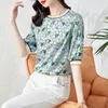 T-shirt d'été Floral Tops Femmes Designer À Manches Courtes O-Neck Fine Élégant Satin Vintage Casual Bureau Lady Doux Mignon Tees Style Coréen Femme Mode Top