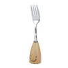 Creative wooden handle smiley tableware anti-ironing cute children tableware cutlery and spoon set beech wood handle stainless steel cutlery and spoon set