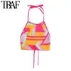 Traf Women Sexig mode med bundet Jacquard Crop Sticked Tank Tops Vintage Halter Neck Backless Kvinna Camis Mujer 220519