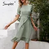 أنيقة Polk Dot Women Midi Dress Spring Summer Summant Elegant Puff Sleeve O-Dece Dresses Female High Weist Sash Dressled 220511