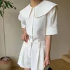 Rétro grand revers dames hauts été personnalité à manches courtes chemise ample blanc élégant bouton Up Blouse femmes Blusas 14383 220513