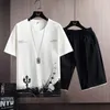 Mens Summer Tracksuit Fashion Short Sleeve Sportswear Ink Print T ShirtSShorts 2 PC Set Men Casual Sports Suits Male Clothing 220602
