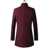 Mężczyźni wełniane mieszanki płaszcza jesienne zima nowe stałe kolor wysokiej jakości męskiej kurtki wełnianej w średniej długości pojedynczej stand-collar płaszcz 201120 T220810