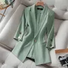 Summer Solid Color Elegant Green Blazer Casual Thin Women Jacket Women's Korean Style V-Hals Office Lady Coat 220802