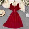 Vintage 2022 slim sexy zipper long Dress Summer elegant party square collar dress Women elastic waist beach holiday tunic Dress Y220413