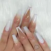 False Nails 24pc French Detachable White Gradient Rhinestone Long Coffin Fake with Glue Faux Ballerina Nail Prud22