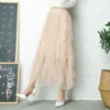 ファッションチュチュチュールスカート女性長いマキシ春夏韓国の黒ピンクハイウエストプリーツメス220322
