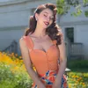 Женские танки Camis Le Palais Vintage 2022 Summer Orgine Orange Cotton Elastic Packwork Модная шикарная шикарная топа