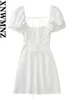 Xnwmnz Women White Fashion Linen Blend Squire Squole Pesh Neck Short Puff Mangeves Backless Crossover Straps Dress For Womens 220707