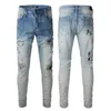 Hombre Pintura Jeans Denim Flaco Slim Biker Moto Hip Hop Pierna recta Parche azul Vintage Distress Stretch para hombre Chicos Rodilla rasgada Se adapta a pantalón Cremallera larga con agujero Peso medio