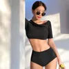 Dames Badmode Sexy Off-shoulder Bikini Dames Effen Zwart Hoge Taille Badpak Badpak met korte mouwen Push Up Biquini Crop Top Padswomen