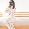 Verão Pijamas Manga Longa Senhora Secção Fina Love Cotton Gaze Dupla Lapela Confortável Calças Longas Terno Pijamas Mujer Verano T200429